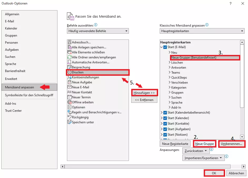 Fenster Outlook-Optionen mit zweispaltigem Untermenü