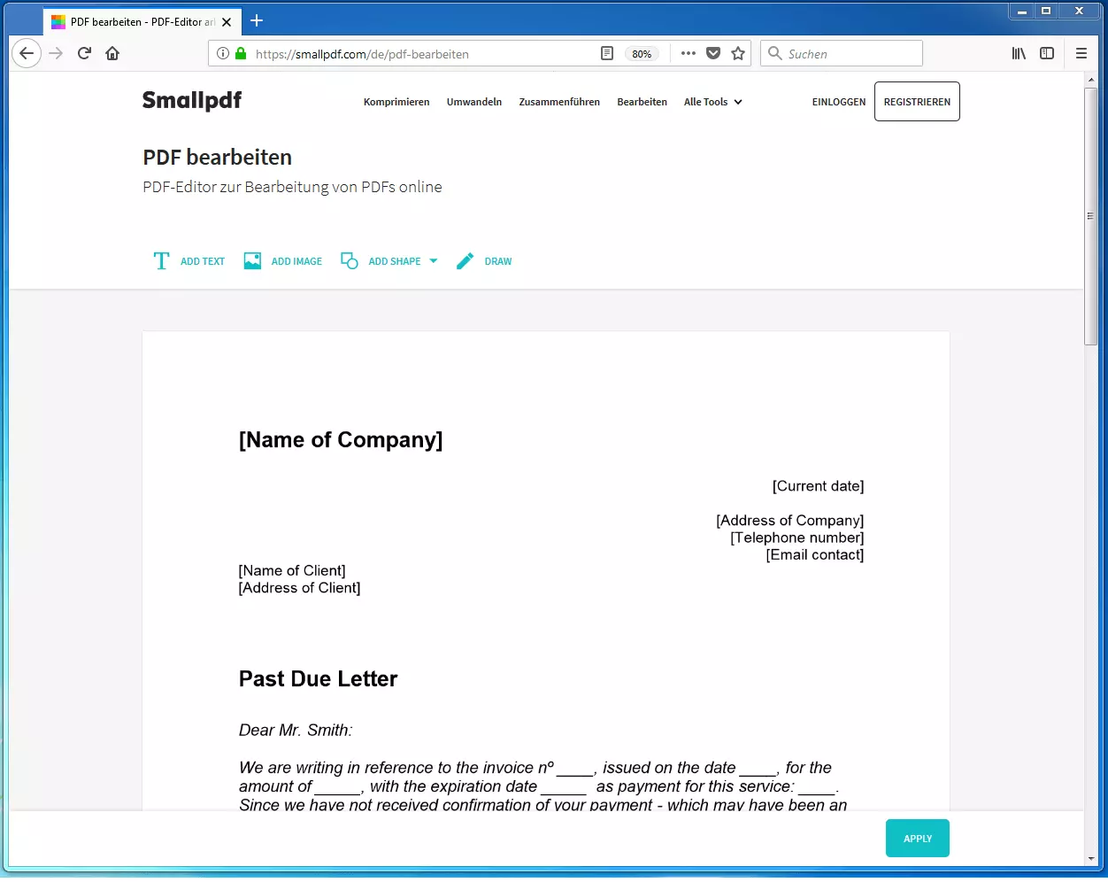 Text öffnet sich im PDF-Werkzeug von Smallpdf