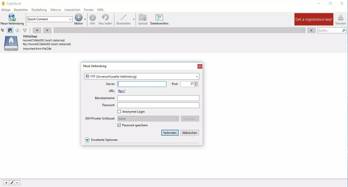 Cyberduck: Menü zum Aufbau einer neuen FTP-Verbindung