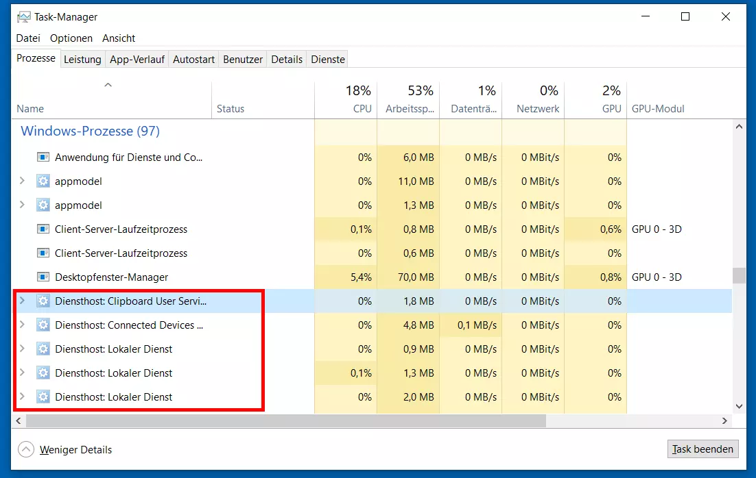 Diensthost-Instanzen (svchost.exe) im Task-Manager von Windows 10