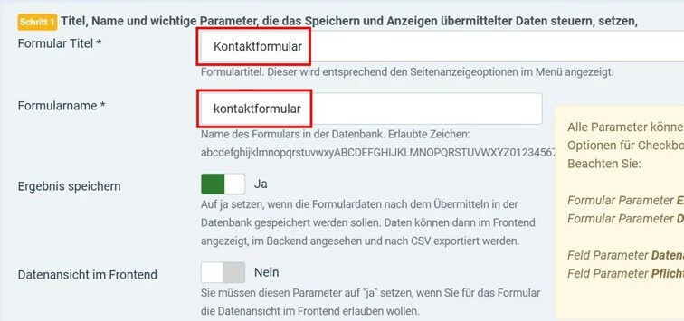 visforms: Titel und Name des Joomla-Kontaktformulars vergeben