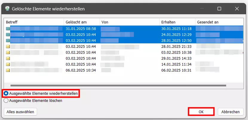 Outlook: Liste gelöschter Elemente