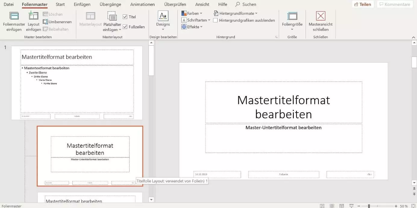 Die Layoutfolien zum individuellen Anpassen bei PowerPoint 2019