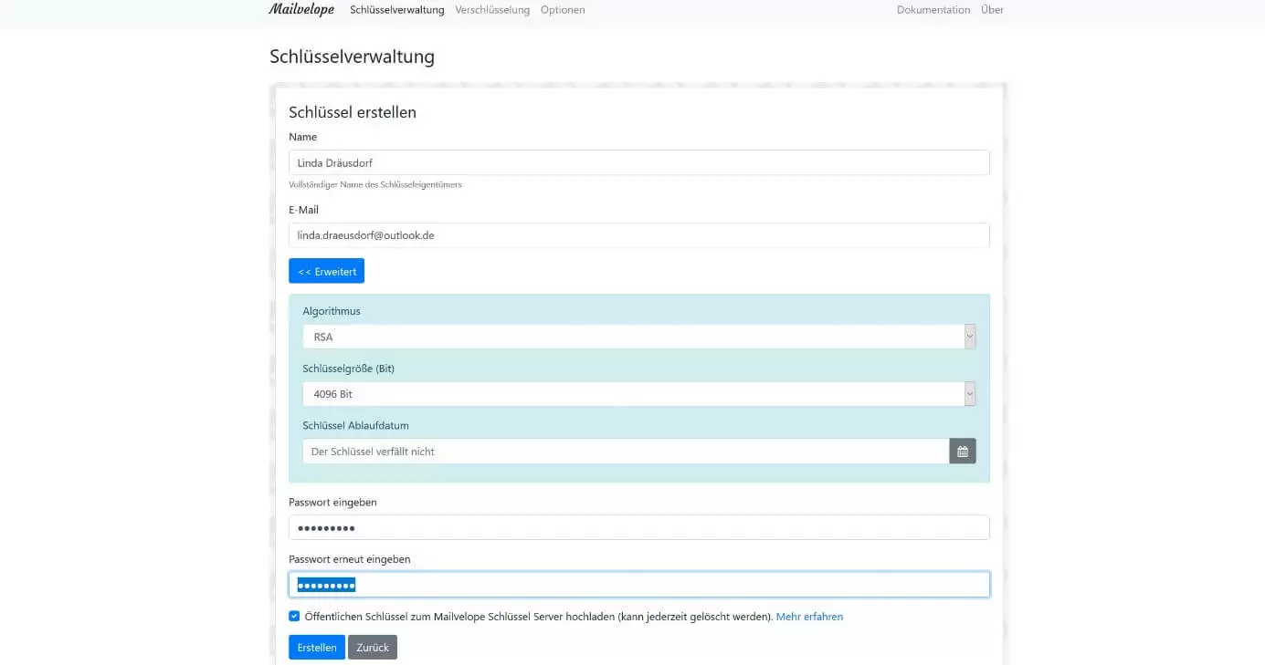 Schlüssel erstellen in Mailvelope