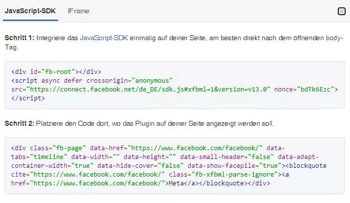 Code-Snippets von der Facebook-Entwickler-Seite zum Einbetten auf einer Website