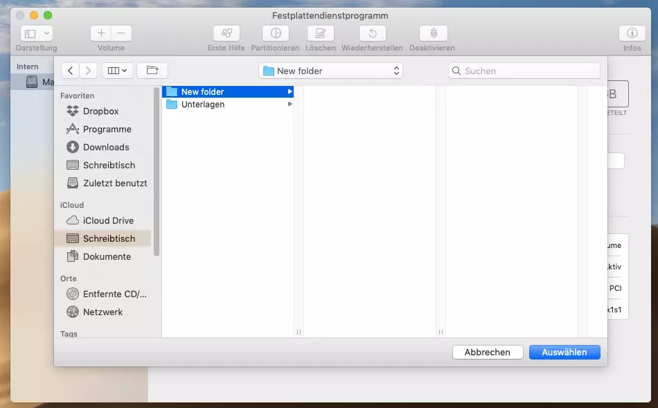 Ordner im Festplattendienstprogramm auswählen