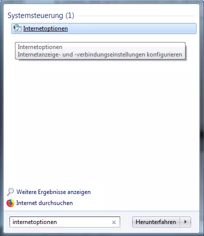 Finden der Internetoptionen in Windows