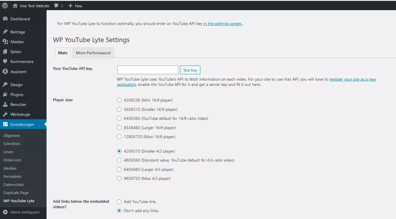 Menü von WP YouTube Lyte im WordPress-Backend