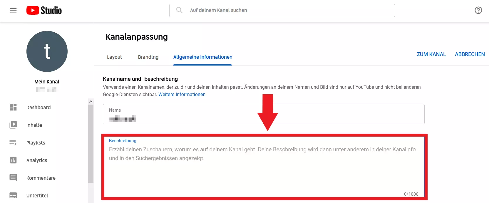 YouTube-Kanalbeschreibung im Feld „Beschreibung“