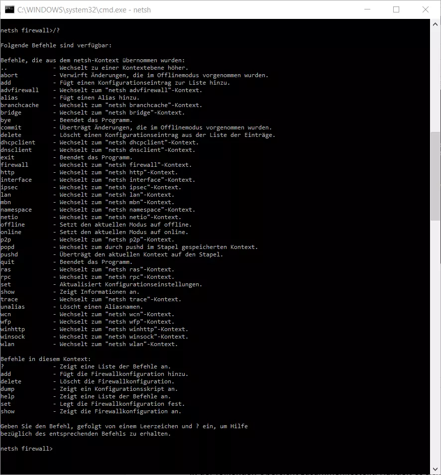 Befehle im Netsh-Kontext „Firewall“