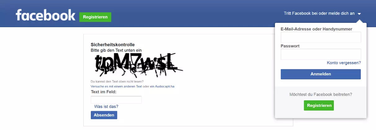 Facebook-Sicherheitskontrolle mithilfe eines textbasierten Captchas