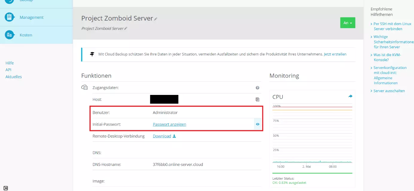 Anmeldeinformationen für Ihren Server im Cloud Panel