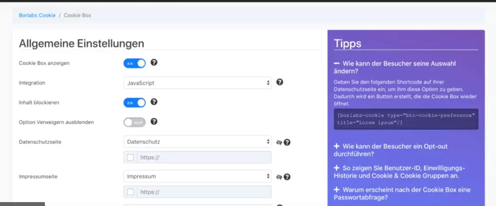 Borlabs Cookie-Box – allgemeine Einstellungen