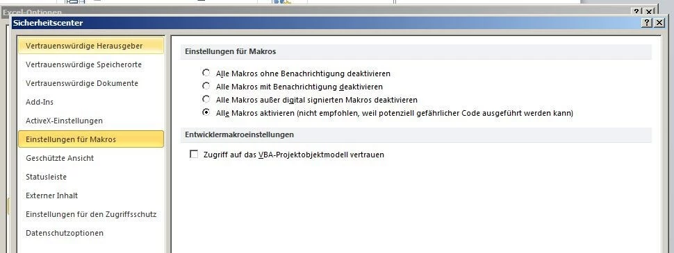 Excel-Sicherheitscenter: Einstellungen für Makros
