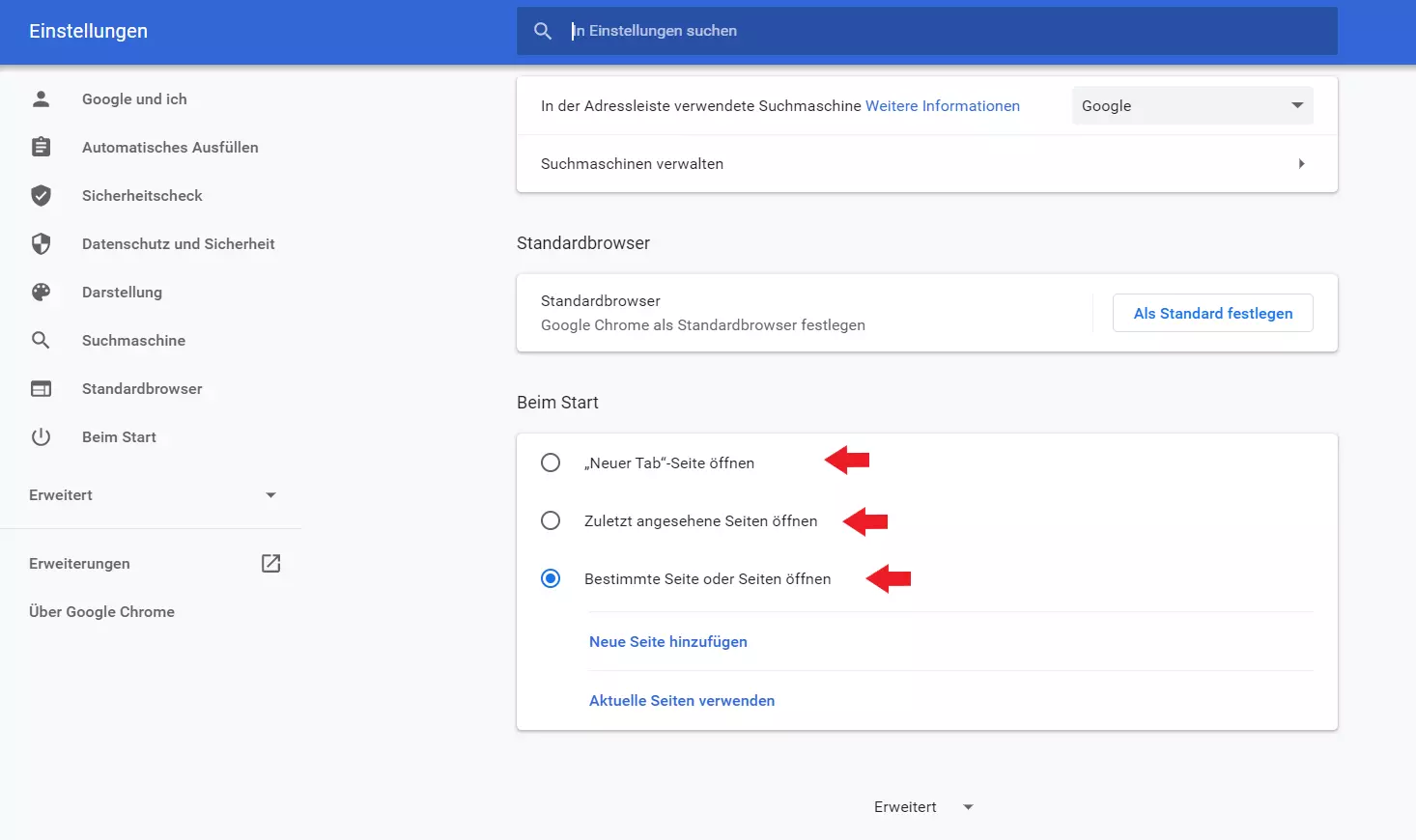 Chrome bietet Ihnen drei Optionen, um die Chrome-Startseite festzulegen.