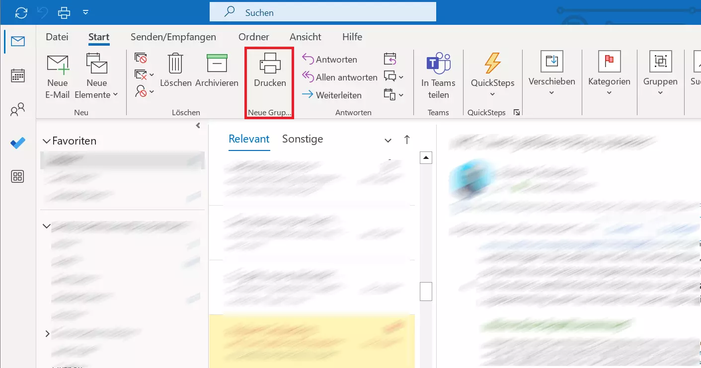 Outlook-Menüband mit neuem Befehl „Drucken“