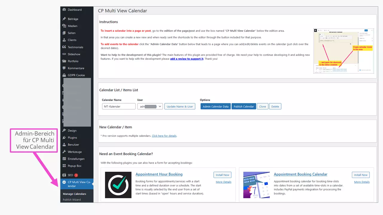 Der Admin-Bereich des WordPress Kalenders CP Multi View Calendar