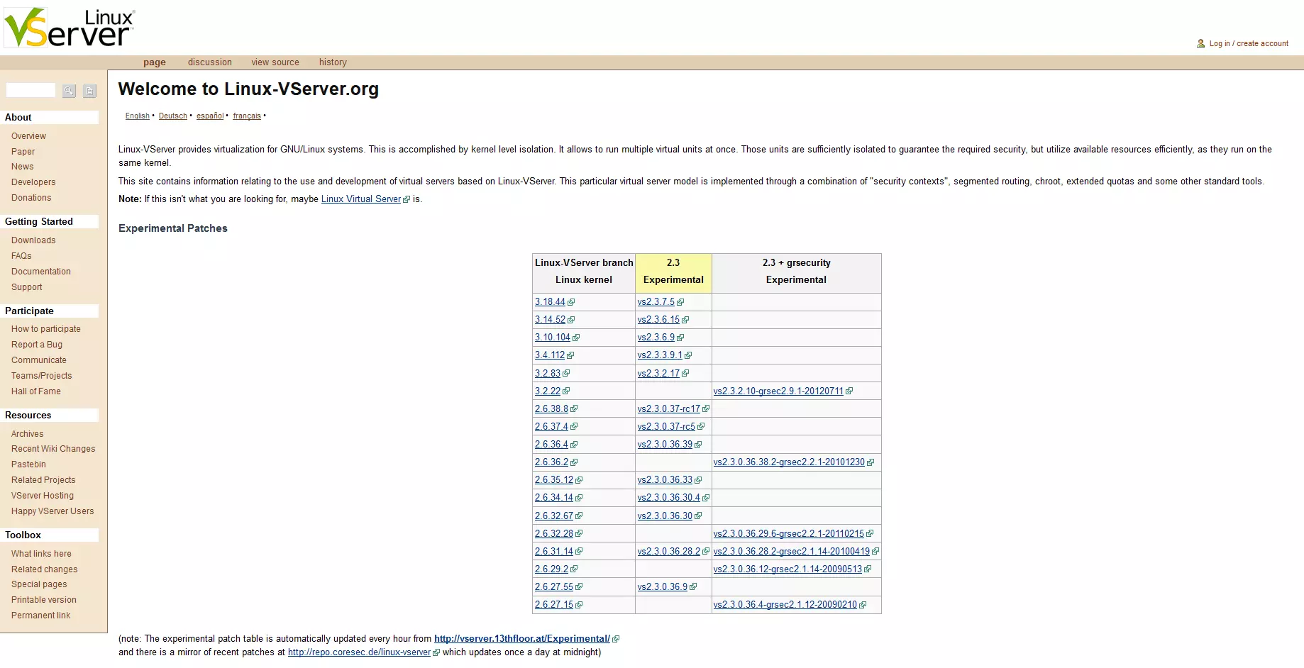 Startseite des Open-Source-Projekts Linux-VServer