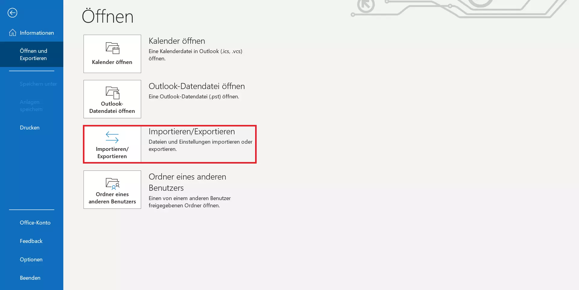 Untermenü „Öffnen und exportieren“ in Outlook 365