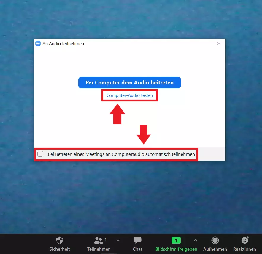 Bei deaktivierter automatischer Computeraudio-Verbindung fragt Zoom nach dem Zugriff auf Audiogeräte