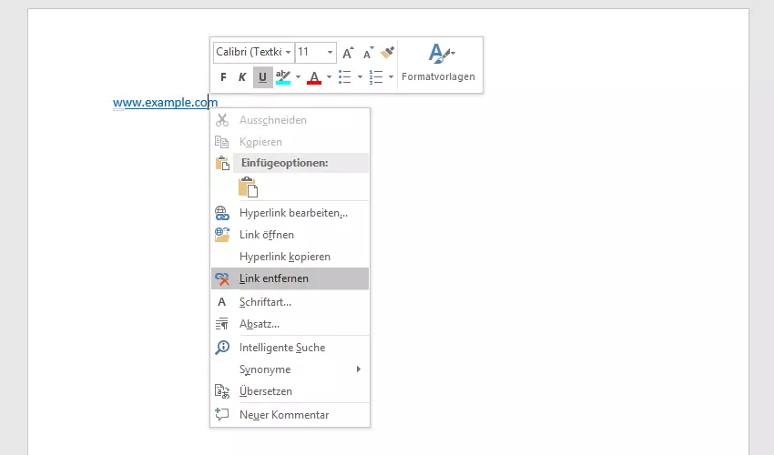 Microsoft-Word-Dokument mit zu entfernendem Hyperlink