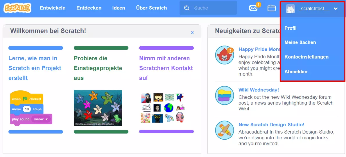 Scratch lernen: Schnellmenü für Profil, Account und Projekte