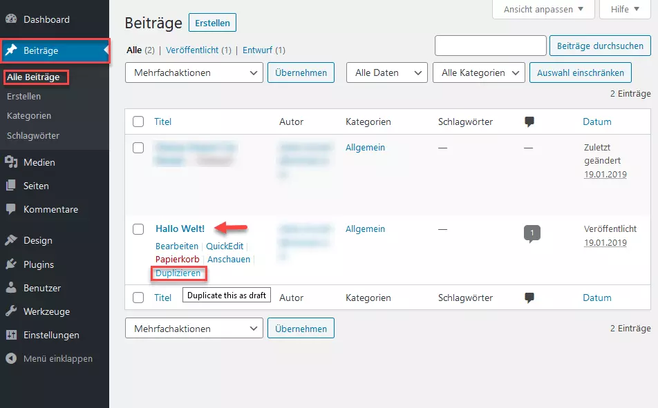 WordPress-Backend: „Beiträge“ – „Alle Beiträge“, mit der Möglichkeit, einen ausgewählten Beitrag zu duplizieren