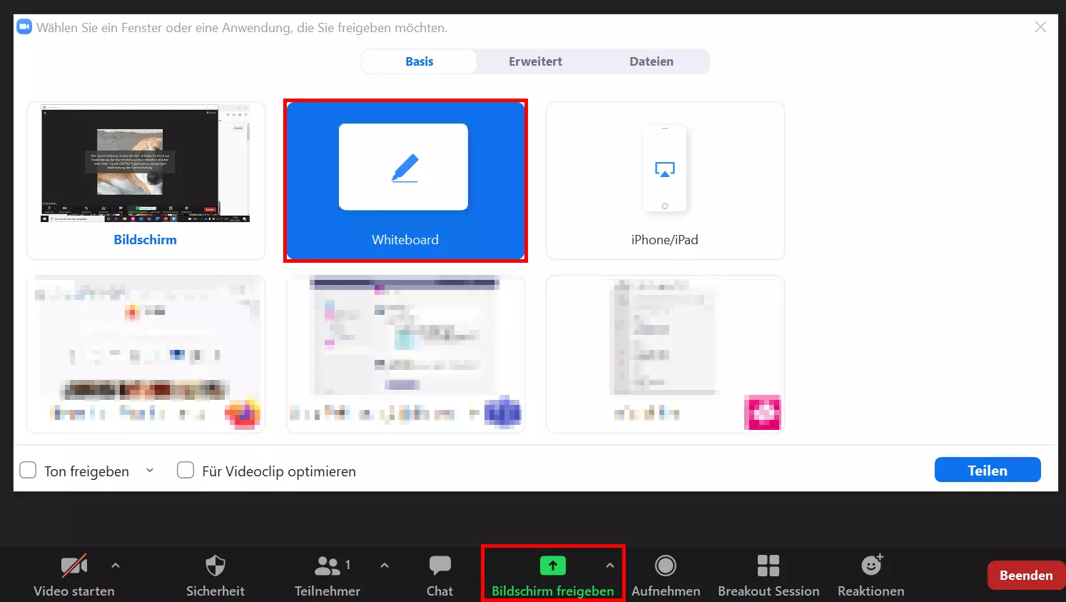 Bildschirmfreigabe mit Option für Zoom-Whiteboard