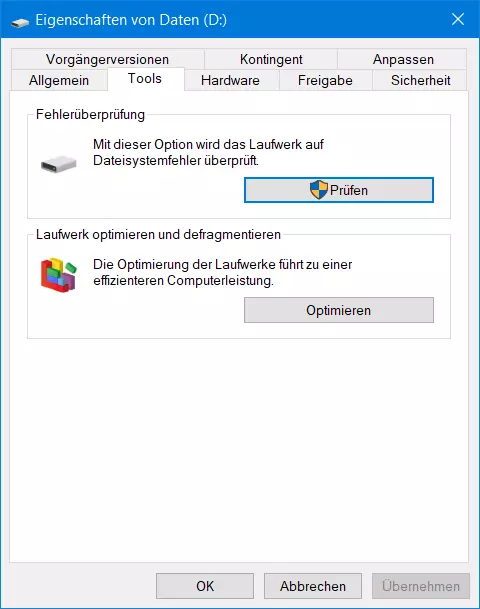 Fenster zur Laufwerk-Fehlerüberprüfung in Windows 10