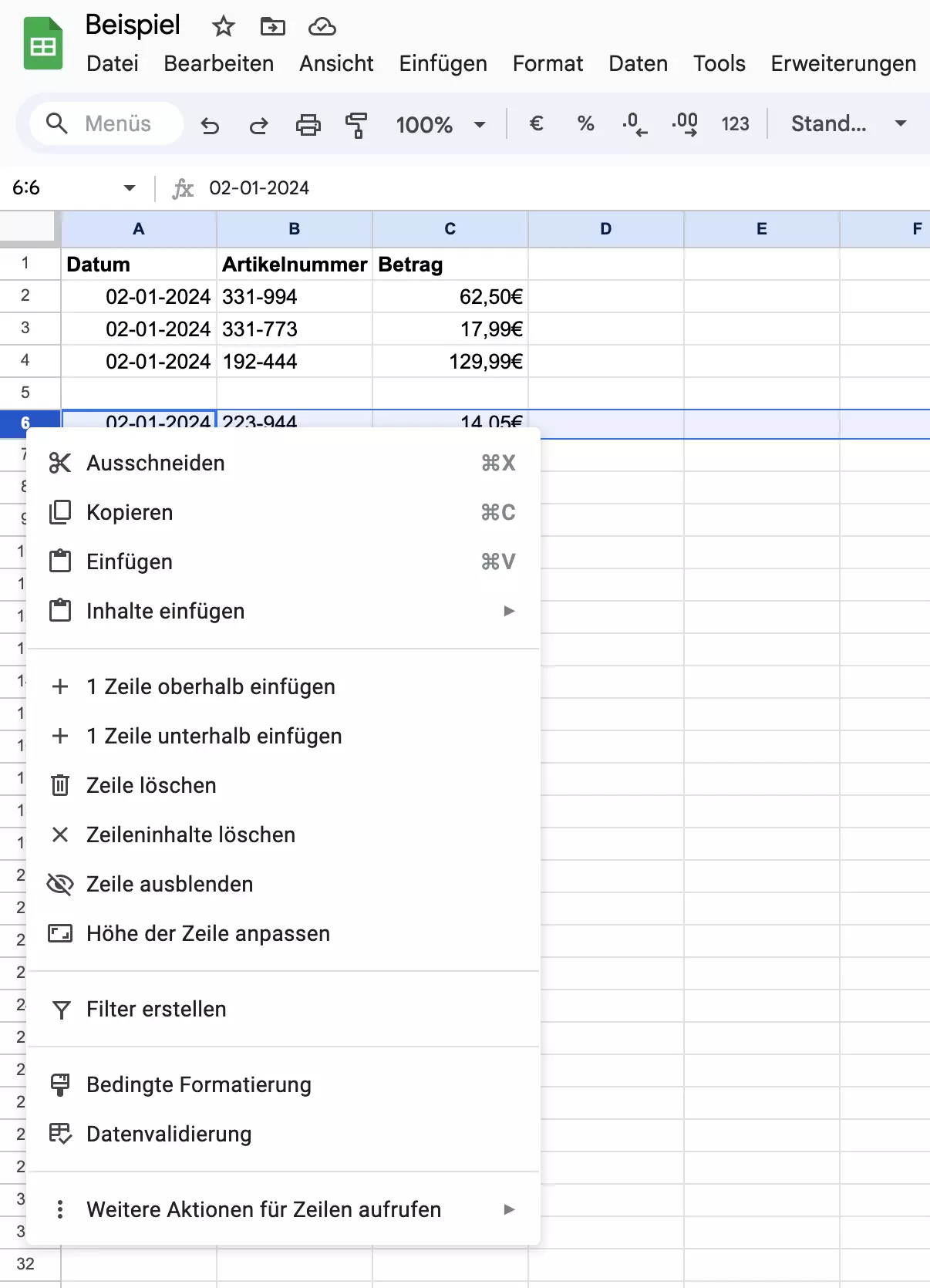 Screenshot des Drop-down-Menüs für die Löschung einer Zeile in Google Sheets