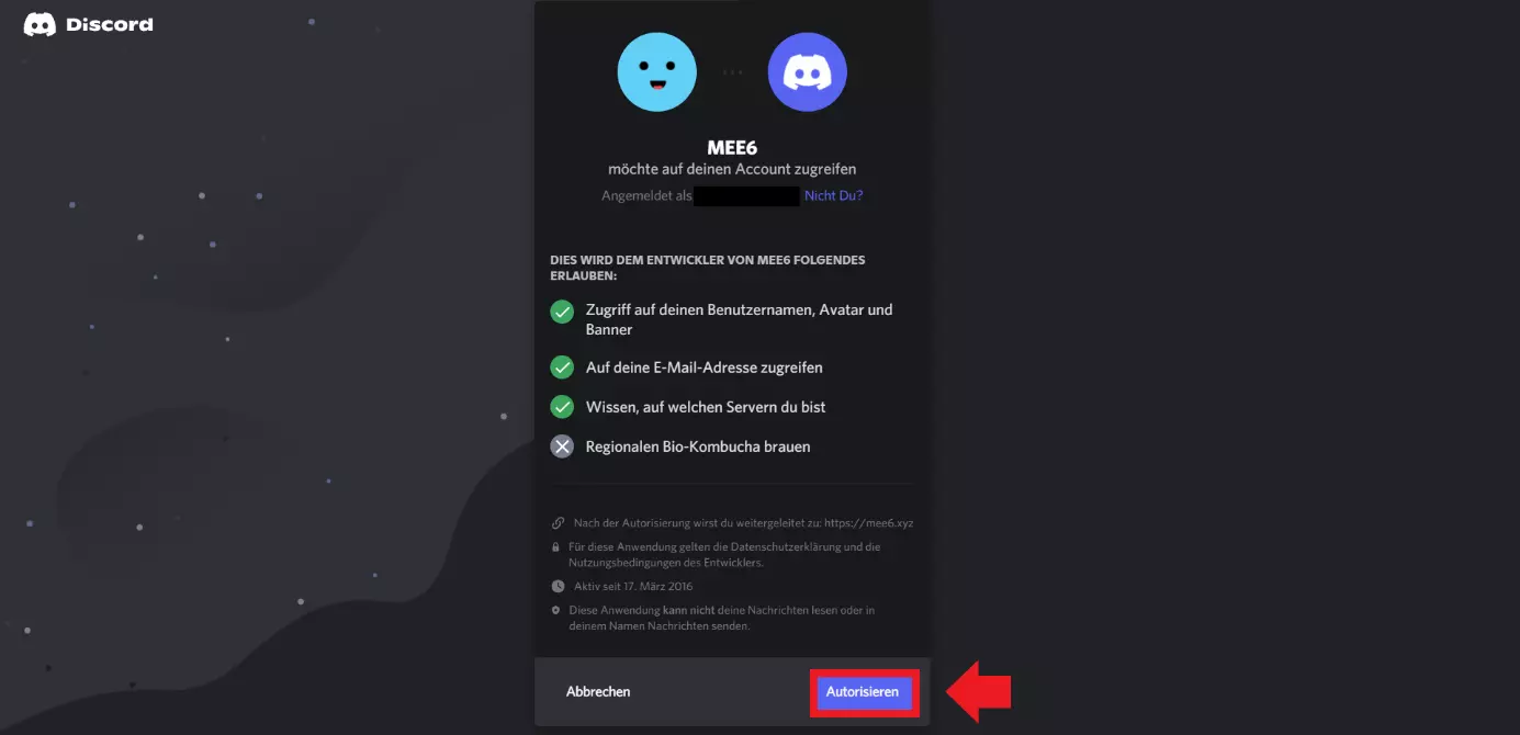 Hinzufügen des MEE6 Bots durch Klick auf „Autorisieren“