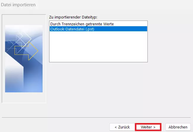 Outlook: Import/Export-Assistent, PST-Datei importieren