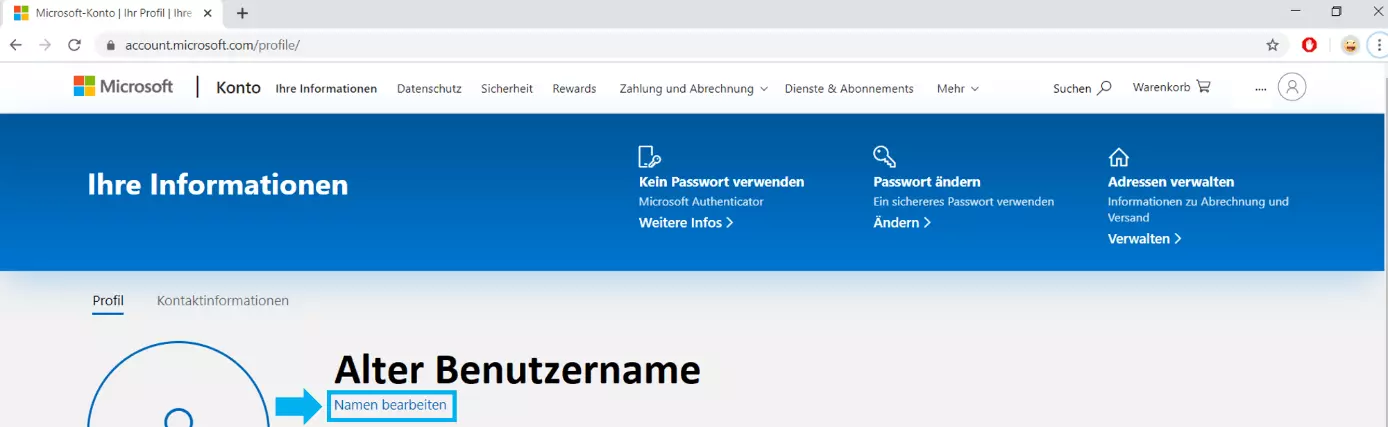 Menü, über das man seinen Namen im Microsoft-Account ändern kann