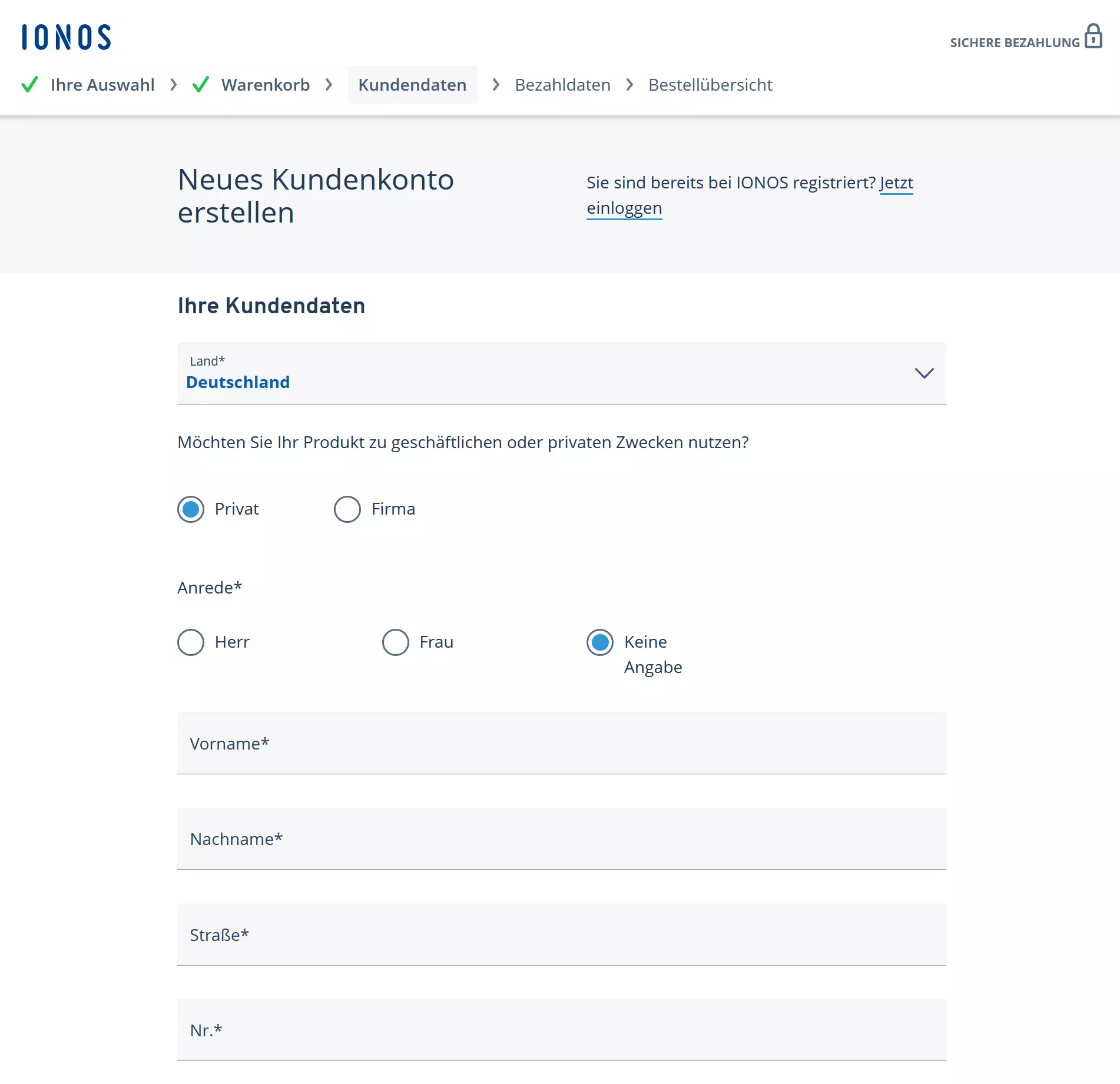 Screenshot des Bestellformulars von IONOS