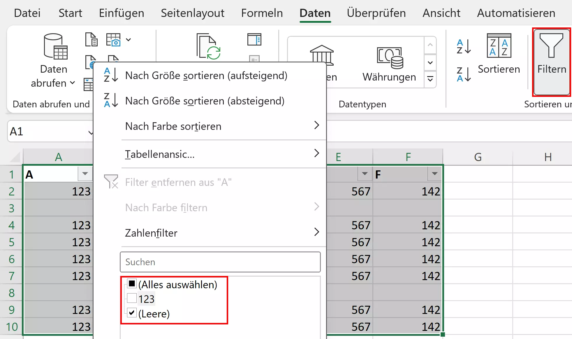 Auswahlmenü, mit dem man sich leere Zeilen in Excel anzeigen lassen kann