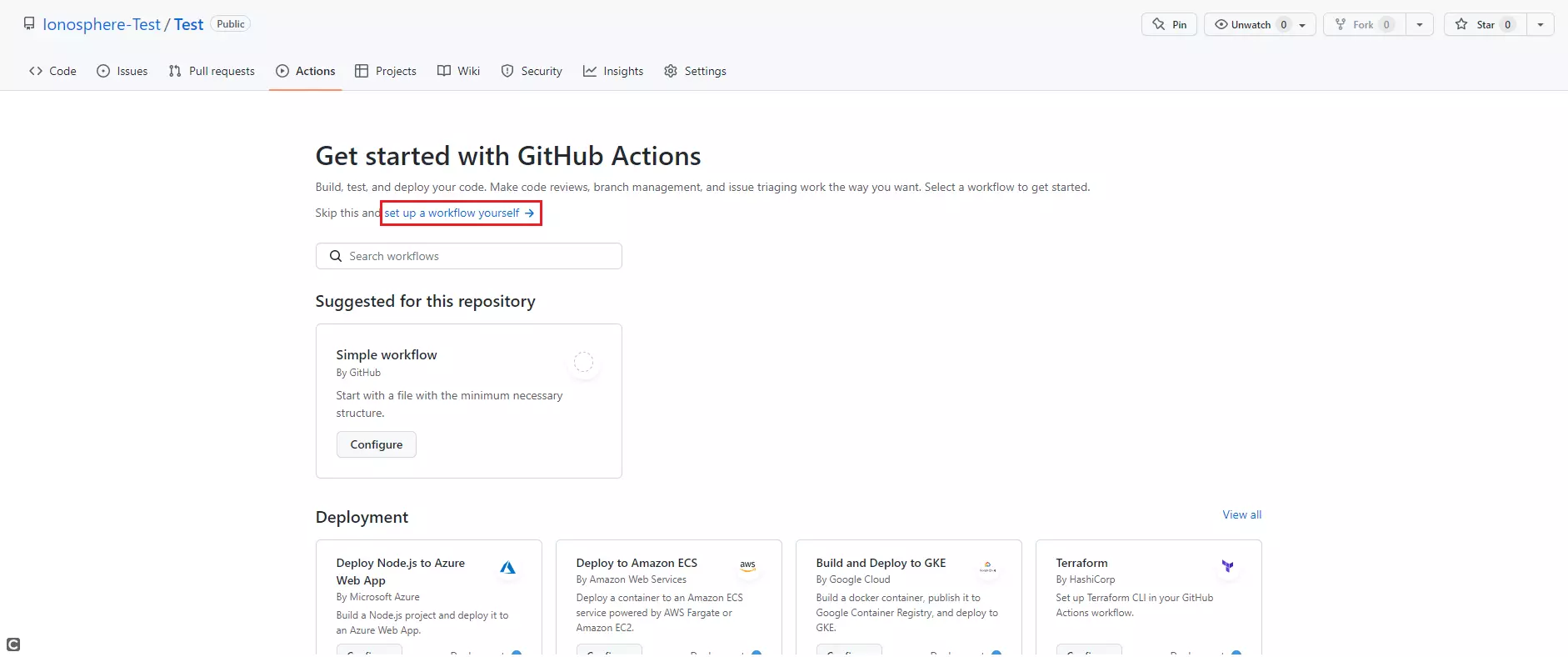 Ansicht des GitHub-Actions-Menüs