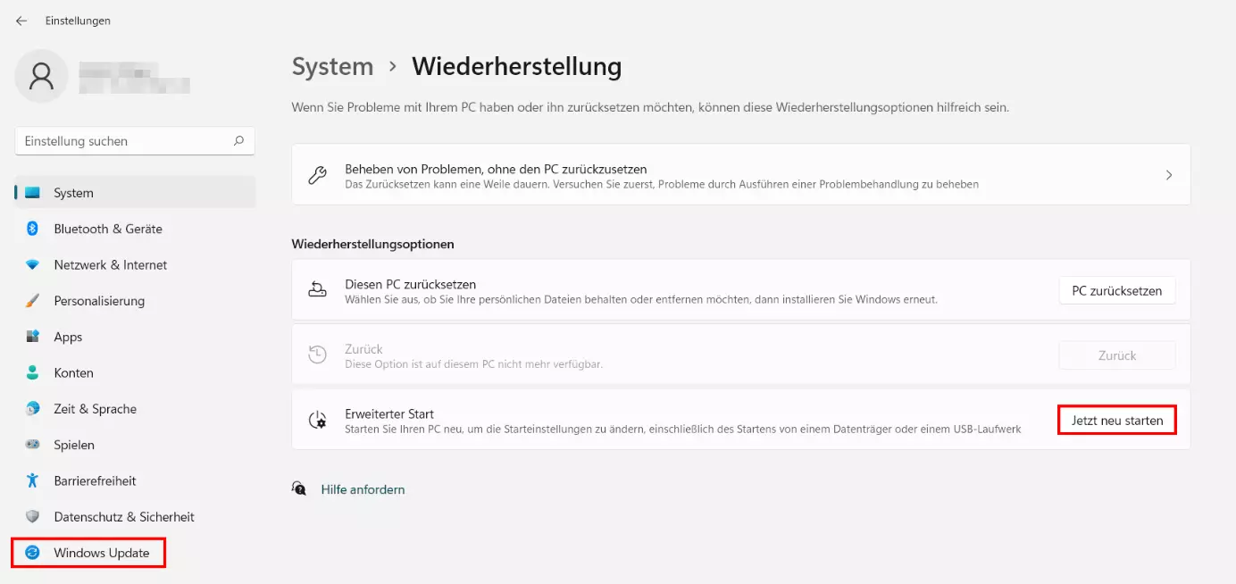 Einstellungen von Windows 11: Button für den erweiterten Systemstart