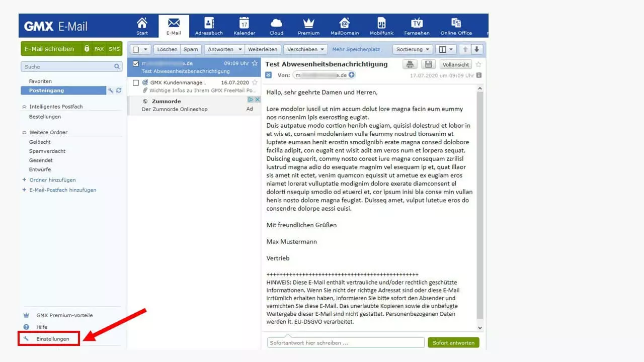Abwesenheitsnotiz ohne Mozilla Thunderbird: Die Einstellungen bei GMX aufrufen