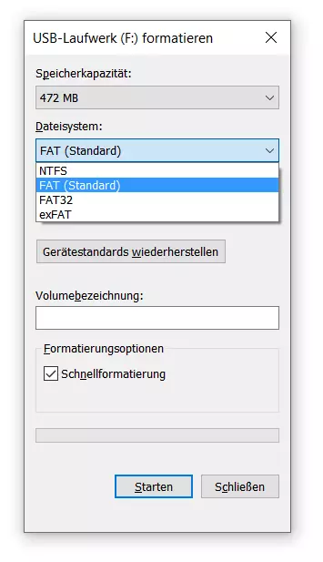 Windows 10: Formatierung eines USB-Laufwerks