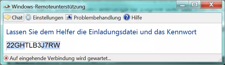 Anzeigefenster mit der Aufforderung, das angegebene Kennwort an den Helfer zu übermitteln