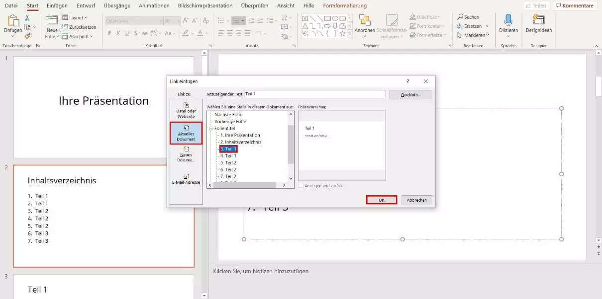 PowerPoint-Inhaltsverzeichnis verlinken: Dialogfenster „Link einfügen“