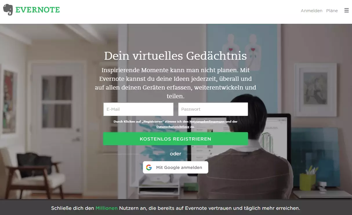 Screenshot der deutschsprachigen Startseite von Evernote mit Registrierungsformular