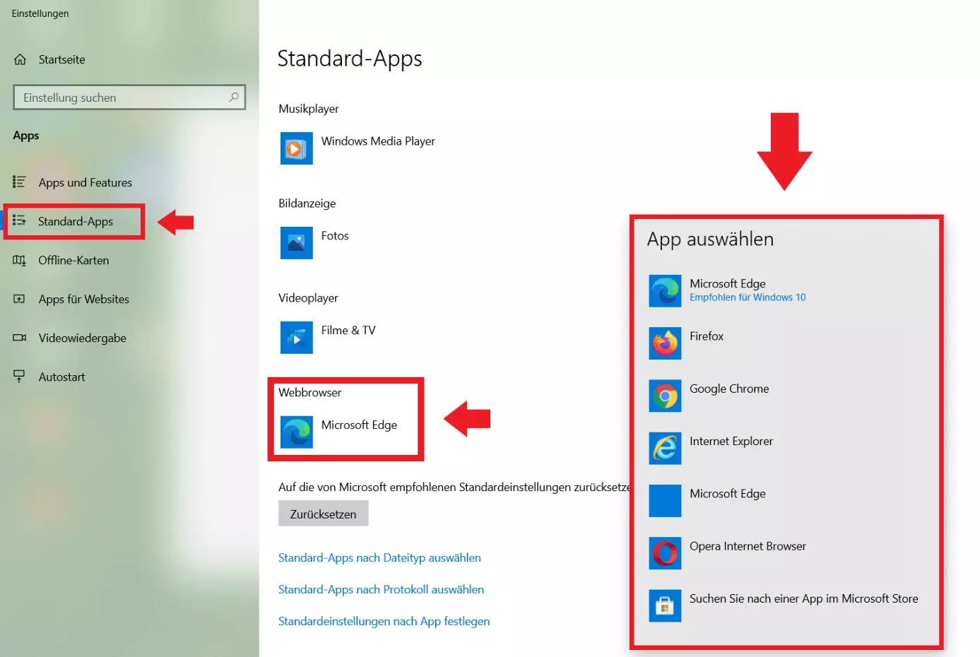 Windows-Einstellungen: Standard-Apps, Auswahl des Webbrowsers