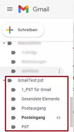 Gmail: Integrierte PST-Datei in der Ordnerliste