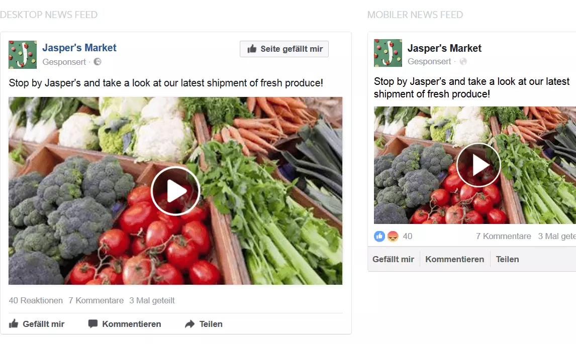 Beispiel einer Video Ad auf Facebook im Desktop- und im Mobile-News-Feed