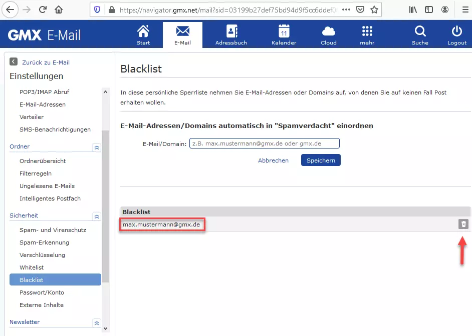 GMX: Blacklist-Eintrag entfernen