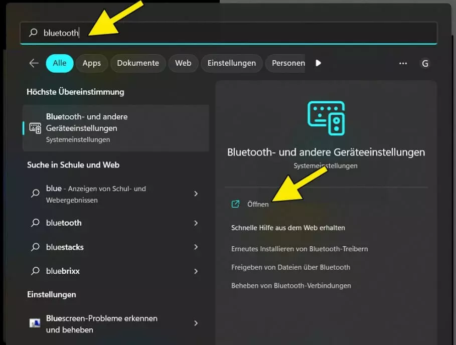 Windows-11-Suchleiste: Eingabe „bluetooth“ und Suchergebnis „Bluetooth- und andere Geräteeinstellungen“