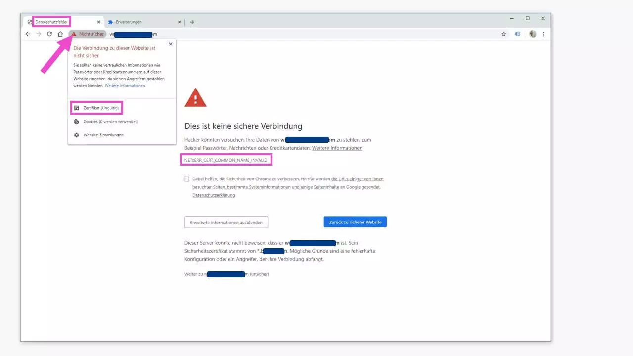 Fehlermeldung „ERR_CERT_COMMON_NAME_INVALID“ im Browser Chrome