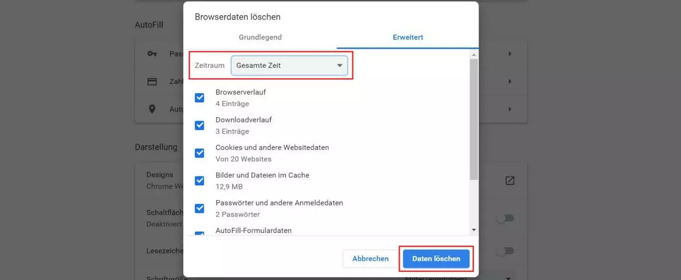 Fenster „Browserdaten löschen“ in Google Chrome