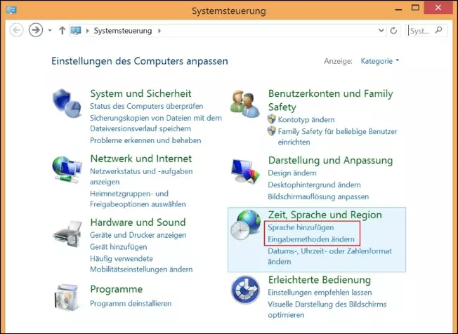 „Zeit, Sprache und Region“-Menü in der Windows-8-Systemsteuerung